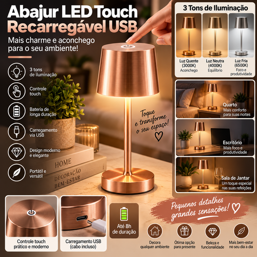 Abajur LED Touch recarregável USB Rose Gold