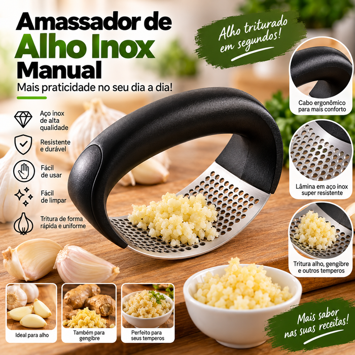 Amassador de Alho Manual em Aço Inox com Cabo Preto