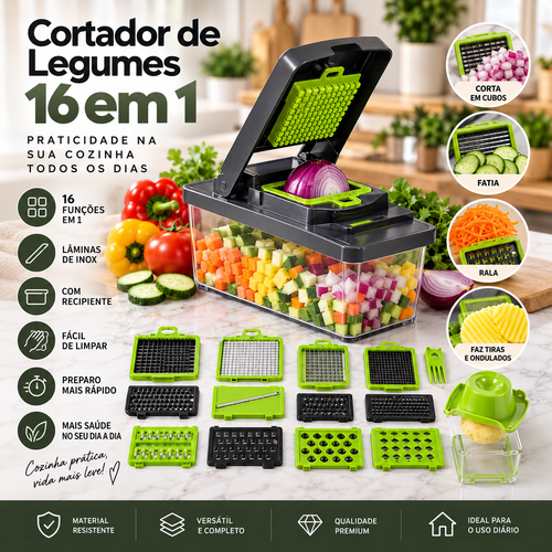 Cortador de legumes 16 em 1 com recipiente e lâminas intercambiáveis