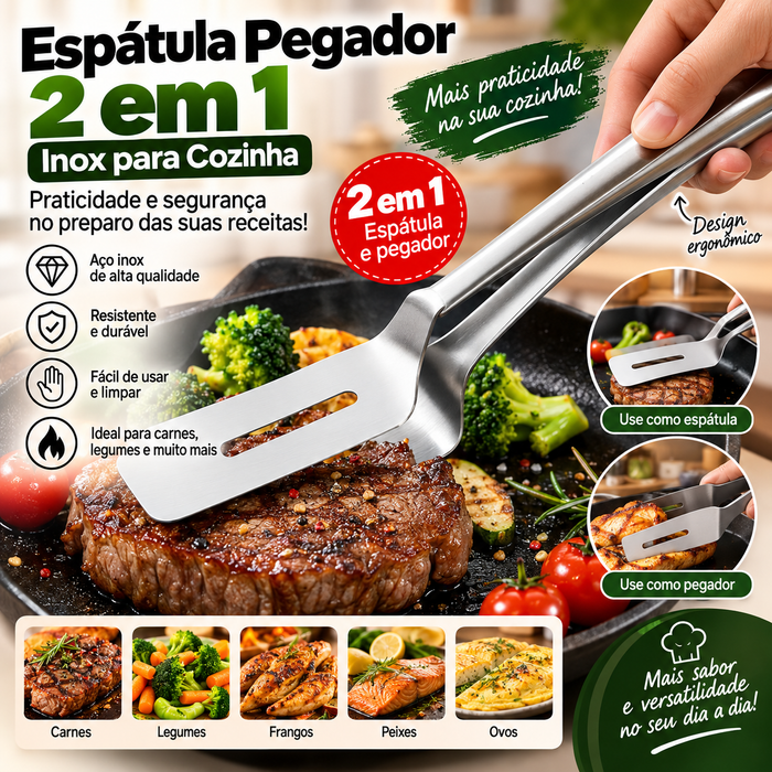 Espátula Pegador 2 em 1 em Aço Inox para Cozinha