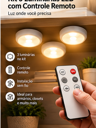 Kit 3 Luminárias LED com Controle Remoto para Armário e Ambiente