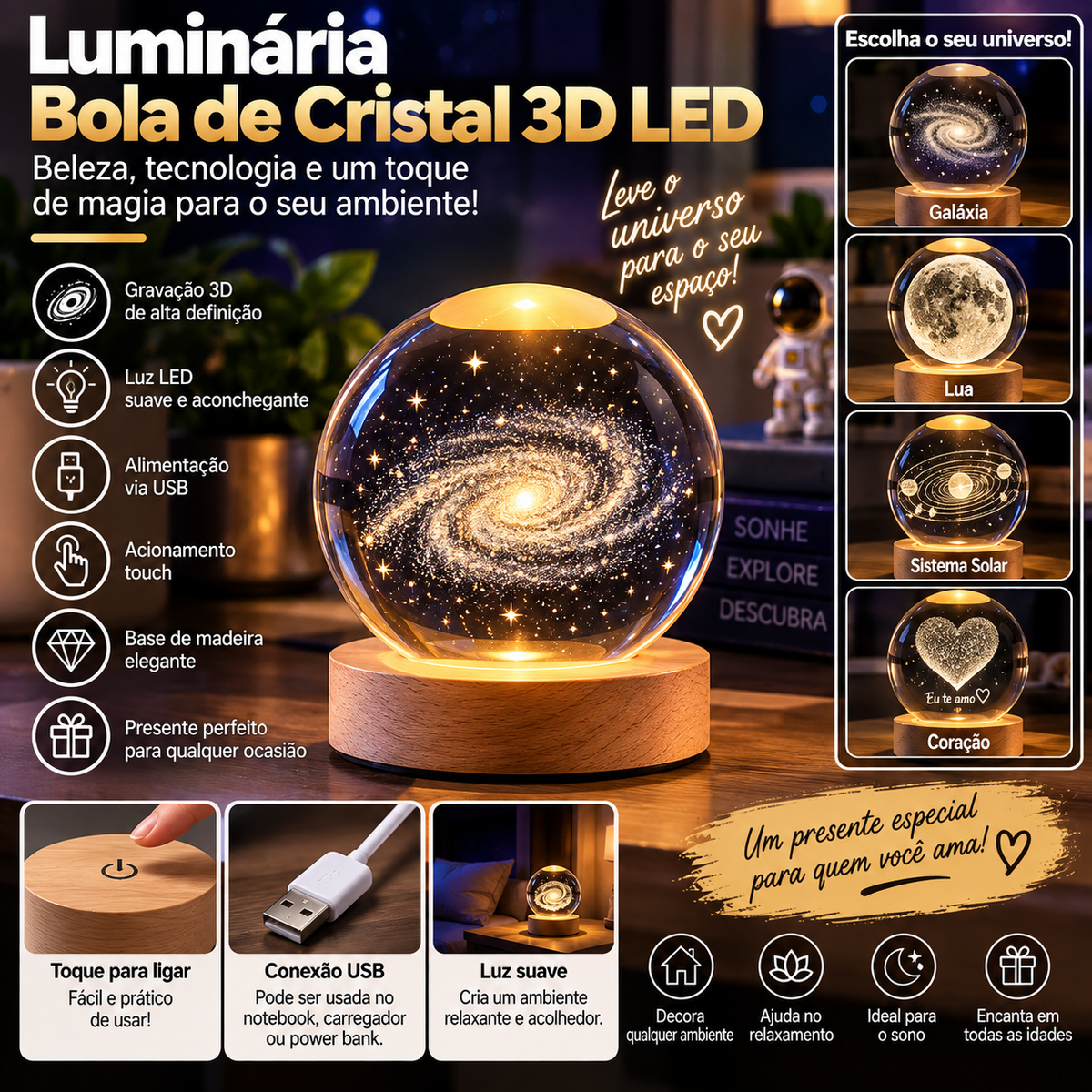 Luminária Bola de Cristal 3D LED Galáxia com base de madeira