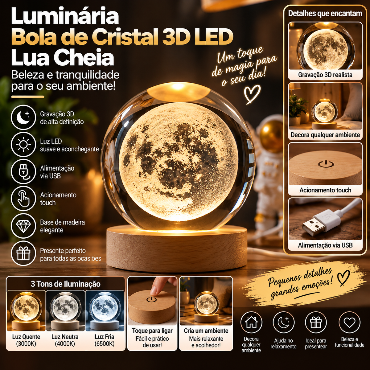 Luminária Bola de Cristal 3D LED Lua Cheia com base de madeira