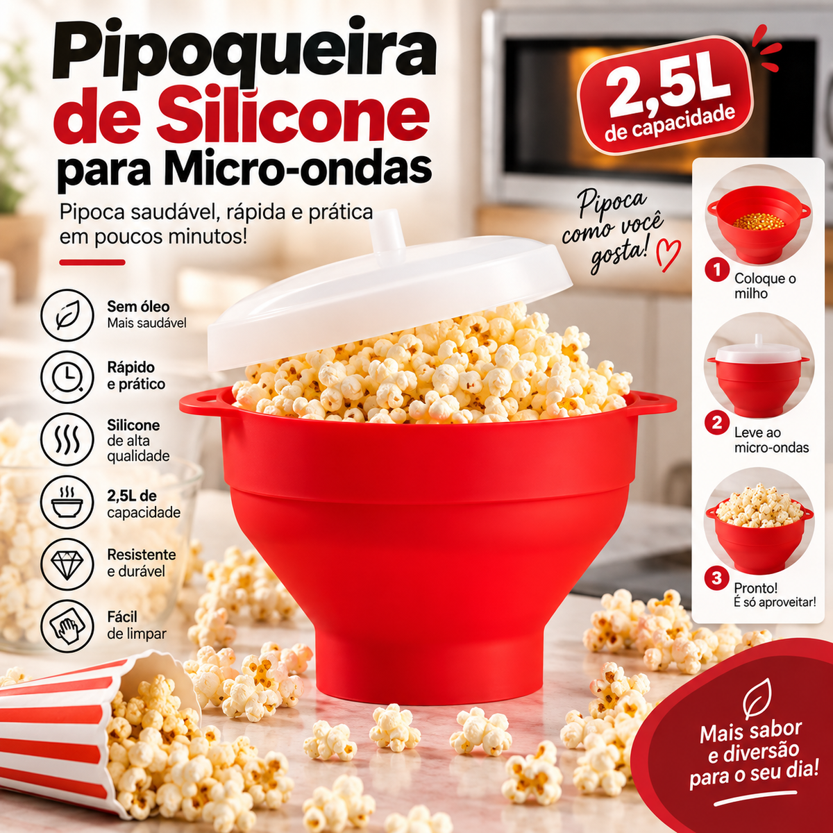 Pipoqueira de silicone vermelha para micro-ondas 2,5 litros