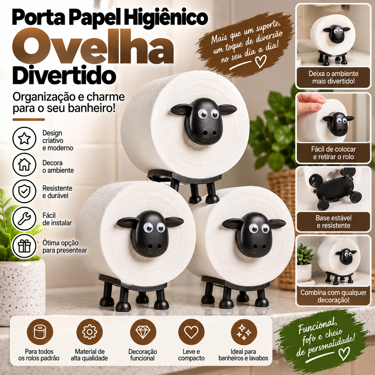 Porta papel higiênico em formato de ovelha para banheiro