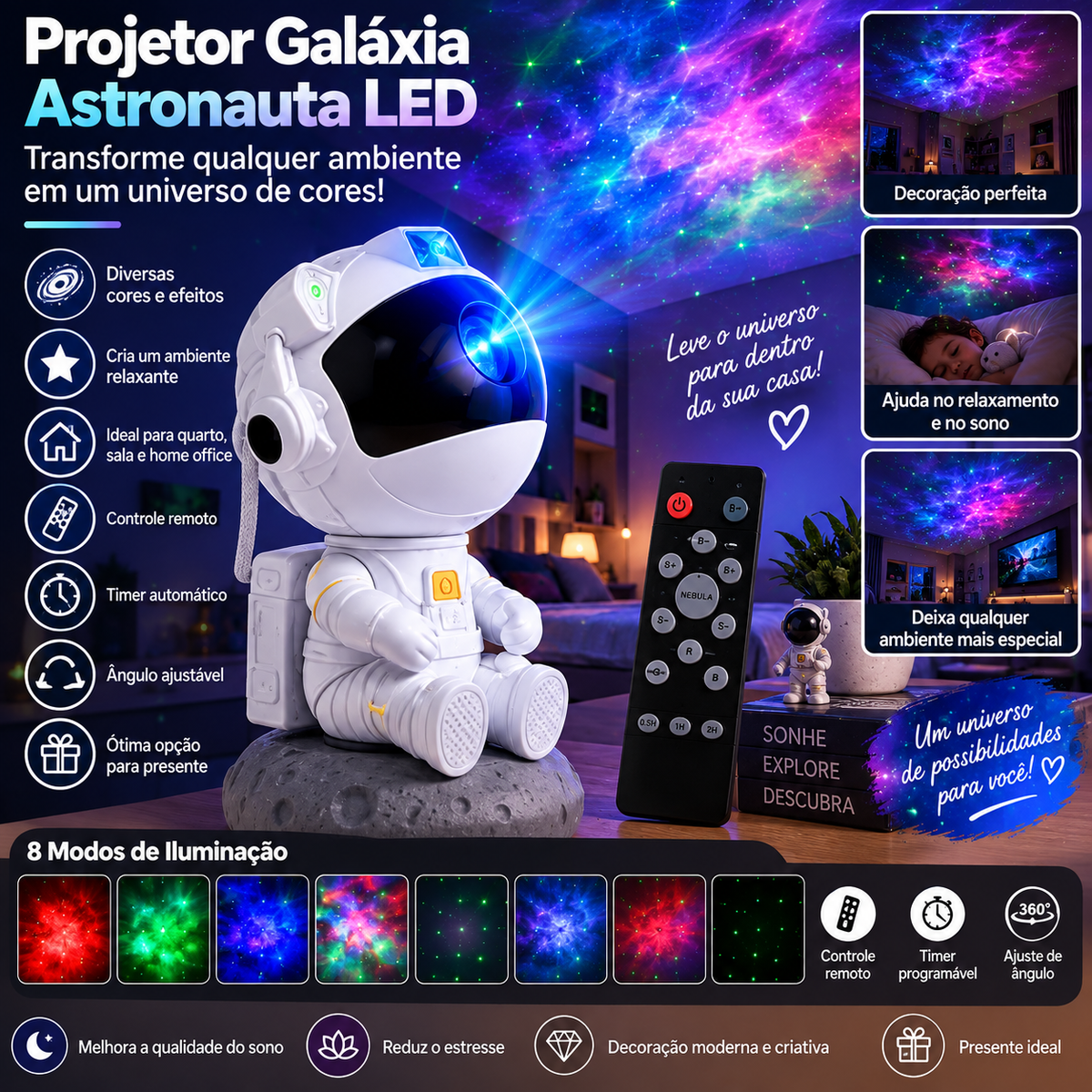 Projetor Galáxia Astronauta LED com controle remoto