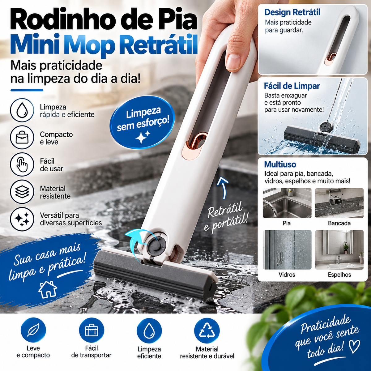 Rodinho de pia retrátil mini mop branco para limpeza de pia e bancada